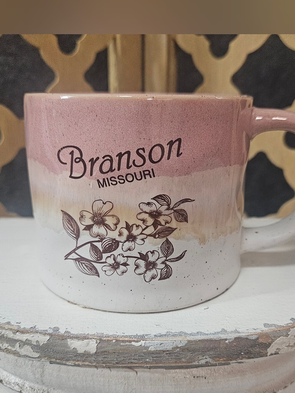 Potter Style Coffee Mug Pink Tan And White Floral Motif With Branson Missouri.